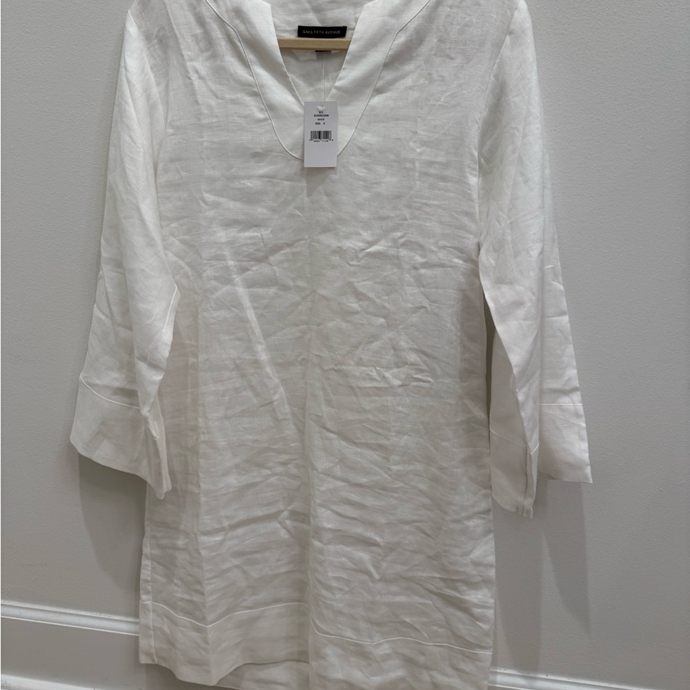 LINEN SAKS FIFTH AVENUE White V-Neck Tunic Dress - Picture 5 of 12
